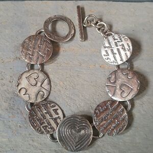 Vtg Sterling Silver Modern Love Token Coin Disc Bracelet Handcrafted OOAK Hearts